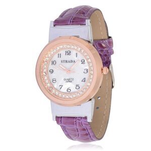 STRADA Austrian Crystal Watch Purple Faux Leather Band